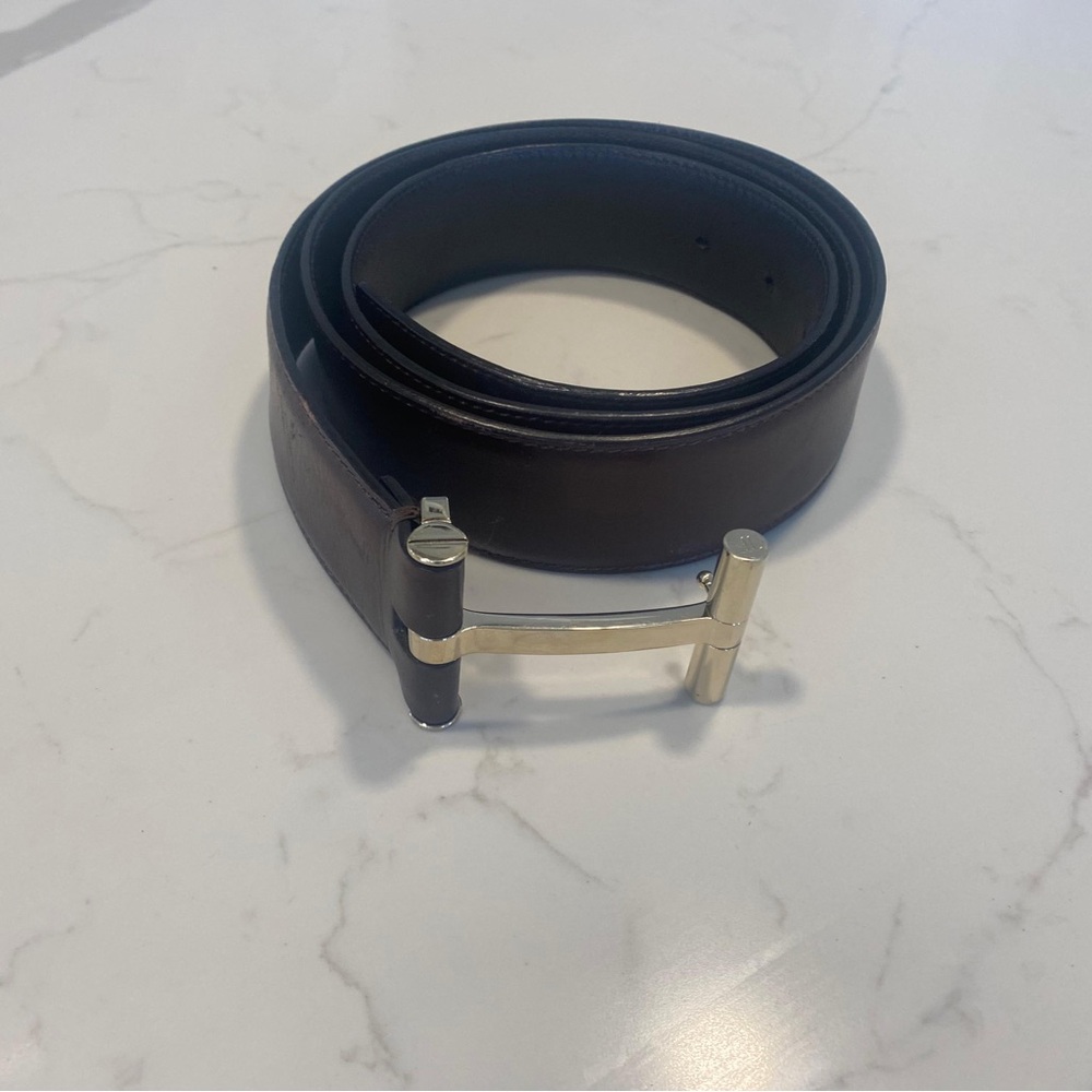 Tom Ford Dark Brown Leather Belt with Silver T Buckle